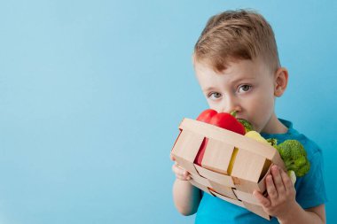 Mavi arka planda taze sebze ile çocuk tutan sepet. Vegan ve sağlıklı konsept.