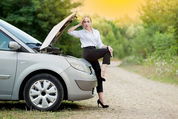 Young woman by the roadside after her car has broken down She opened the hood to see the damage Stock Picture