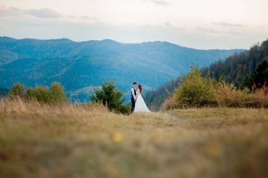 Güzel bir düğün çifti, gelin ve damat, dağların arka planında aşıklar. Güzel takım elbiseli damat ve beyaz lüks elbiseli gelin. Düğün çifti yürüyor.