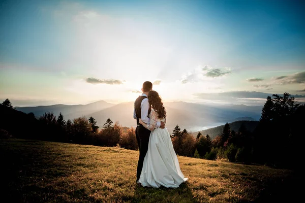 Наречена і наречена спостерігають за заходом сонця, стоячи на пагорбі — стокове фото