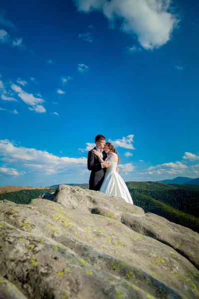Beaux jeunes mariés câlins sur fond de rochers et de montagnes. Mariée élégante et belle mariée sont debout sur la falaise. Portrait de mariage. Photo de famille — Photo