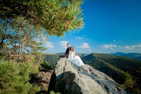 Bellissimi sposi che si abbracciano sullo sfondo di rocce e montagne. Sposa elegante e bella sposa sono in piedi sulla scogliera. Ritratto di matrimonio. Foto di famiglia — Foto Stock