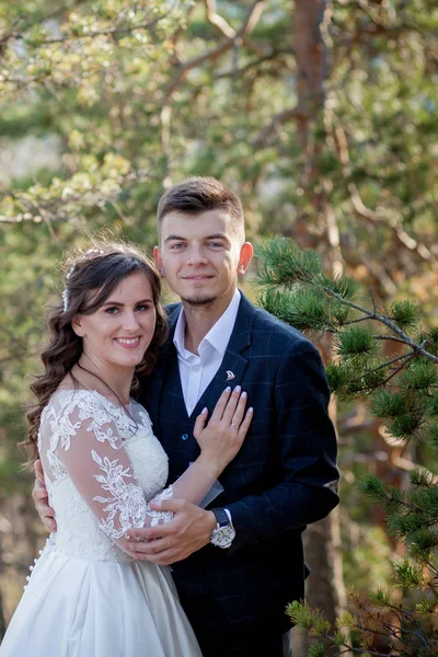 Beautiful newlyweds hugging against the backdrop of rocks and mountains. Stylish bride and beautiful bride are standing on the cliff. Wedding portrait. Family photo — Stock Photo, Image