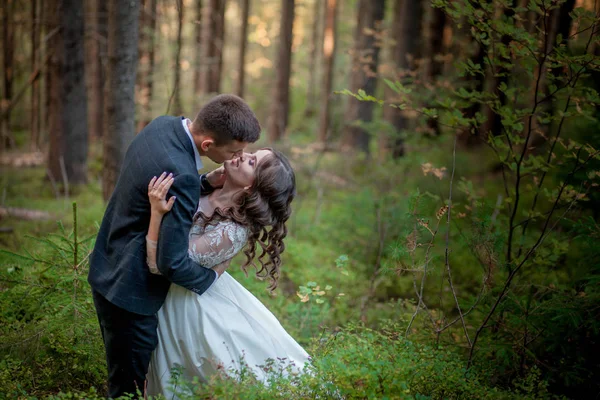 Menyasszony és vőlegény az erdőben az esküvőjükön, fotózás. — Stock Fotó