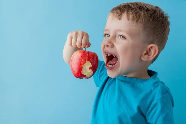 Bebê criança segurando e comendo maçã vermelha no fundo azul, comida — Fotografia de Stock