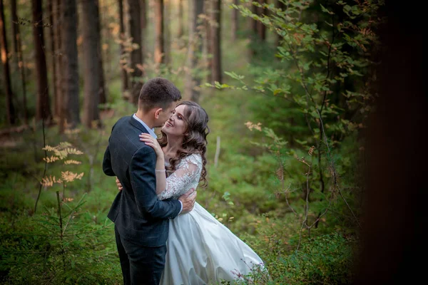 Sposo e sposo nella foresta sul loro matrimonio, sessione fotografica . — Foto Stock