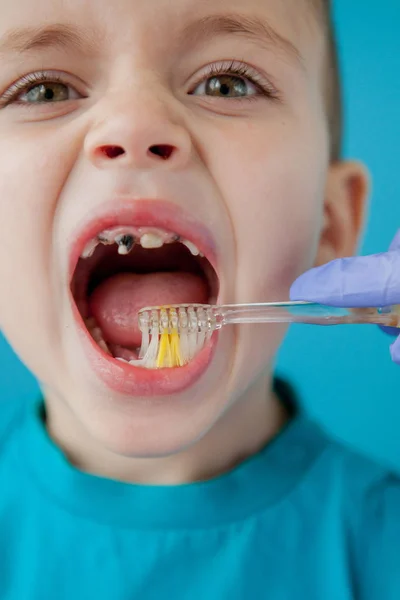 Piccolo ragazzo carino lavarsi i denti su sfondo blu — Foto Stock