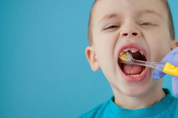 Küçük şirin çocuk mavi arka planda dişlerini fırçalıyor. — Stok fotoğraf