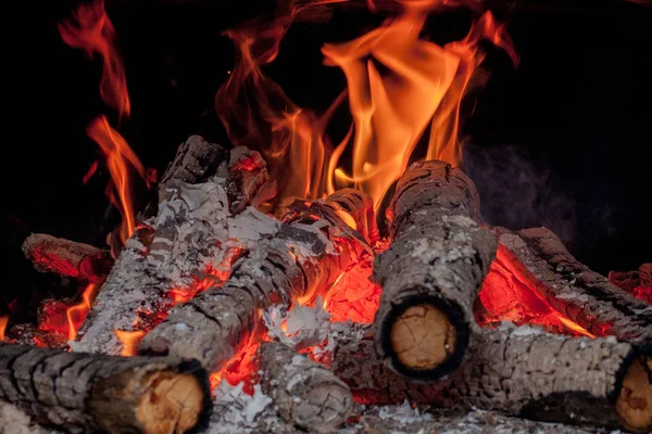 Hot vivid burning birch logs in fireplace on a cold winter day — Stock Photo, Image