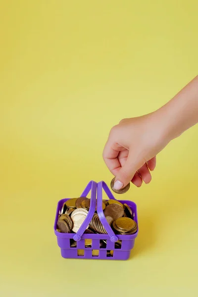 Hand holding a coin with pile of coin in the shopping basket on — Stock Photo, Image