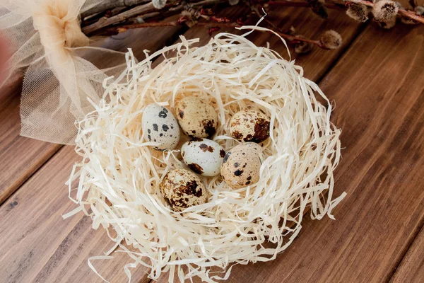 Ovos de codorna de Páscoa em ninho e ramo de salgueiro em um backgrou de madeira — Fotografia de Stock