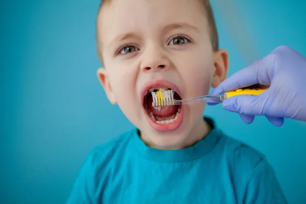 Piccolo ragazzo carino lavarsi i denti su sfondo blu — Foto Stock