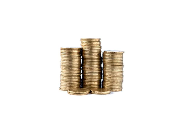 Stack av gyllene mynt isolerad på vit bakgrund — Stockfoto