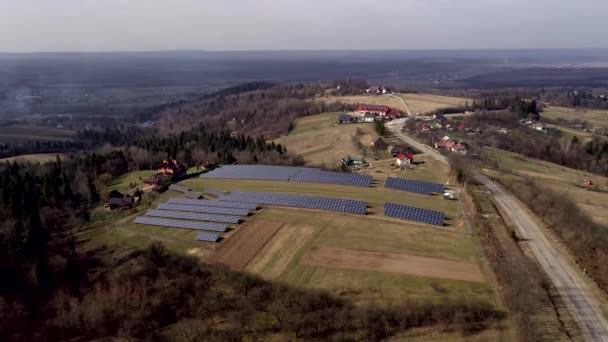 Aerial View Blue Solar Photo Voltaic Panels System Producing Renewable — Stock Video