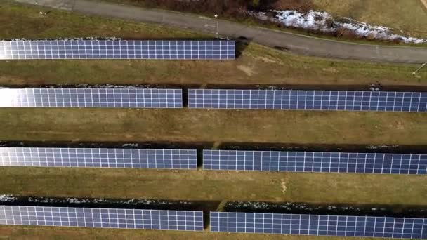 Aerial View Large Field Solar Photo Voltaic Panels System Producing — Stock Video