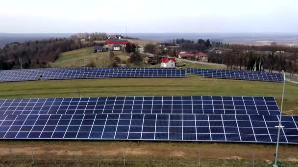 Aerial View Large Field Solar Photo Voltaic Panels System Producing — Stock Video