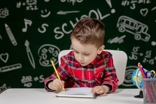 かわいい子供が宿題をしている 机に子供の絵を描く賢い 小学生 職場で絵を描く小学生 子供は勉強が好きだ 家庭教育 学校に戻る 学校の授業で男の子 — ストック写真