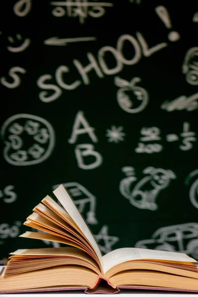 Снова Школьный Фон Книгами Ручками Глобусом Белом Столе Зеленом Фоне — стоковое фото