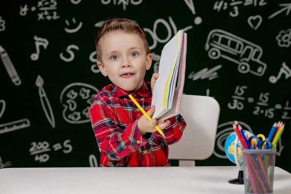 Cute Child Boy Doing Homework Clever Kid Drawing Desk Schoolboy — Stock Photo, Image