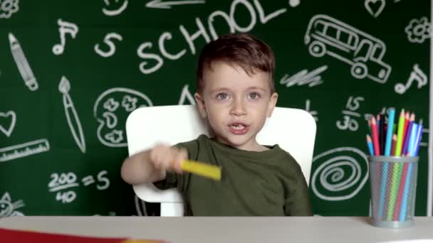 Słodki Chłopiec Odrabiający Lekcje Mądry Dzieciak Rysujący Przy Biurku Uczeń — Wideo stockowe