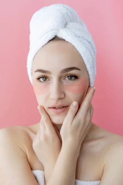 Studio Shot Satisfied Caucasian Freckled Woman Wearing White Towel Head — Stock Photo, Image