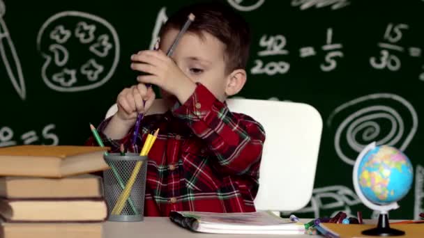 Roztomilý Chlapeček Dělá Domácí Úkoly Chytrý Kluk Kreslí Stolem Školáku — Stock video