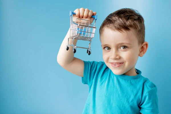 Chlapec Modrém Tričku Drží Malý Vozík Pro Nákup Zboží Výrobky Stock Fotografie