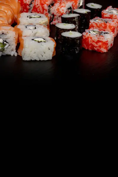 Set Sushi Roll Black Slate Background Food Fish Philadelphia Japanese — Stock Photo, Image