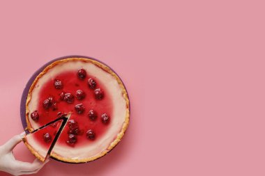 Nane yaprağıyla süslenmiş yaban mersini soslu sade cheesecake dilimi. Yakın görünüm.