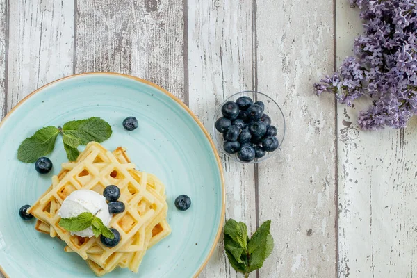 Fresh Baked Homemade Classic Belgian Waffles Topped Icecream Fresh Blueberries — Stock Photo, Image