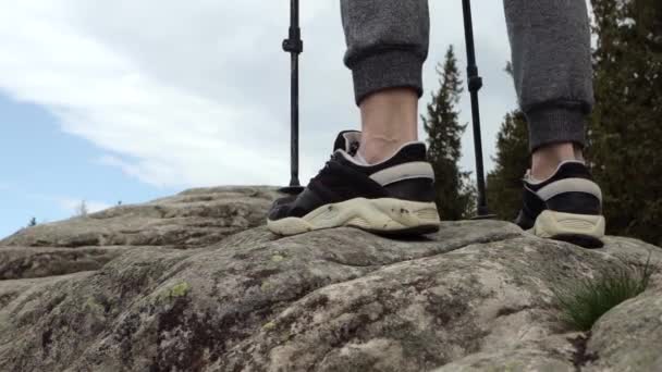 Genç Kaygısız Çocuk Kayalara Tırmanıyor Tepeye Ulaşmayı Kolaylaştırmak Için Sırıkları — Stok video