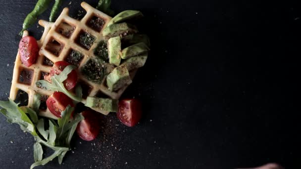 Making Food Top View Presentation Fresh Baked Belgian Waffles Arugula — Stock Video