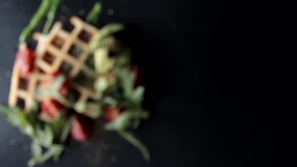 Fresh Baked Belgian Waffles Arugula Tomatoes Avocado Black Plate Savory — Stock Video