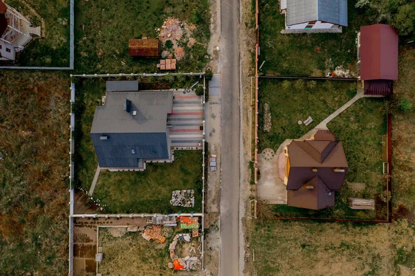 Aerial Top View House Paved Yard Green Grass Lawn Concrete — Stock Photo, Image