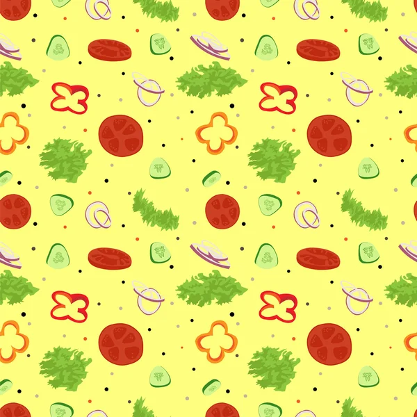 Ensalada patrón de vectores sin costura. Ensalada de verduras con especias sobre fondo amarillo . — Vector de stock