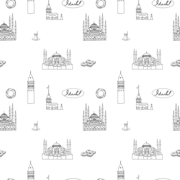 Blanco y negro Estambul vector turístico impresión patrón sin costuras . — Archivo Imágenes Vectoriales