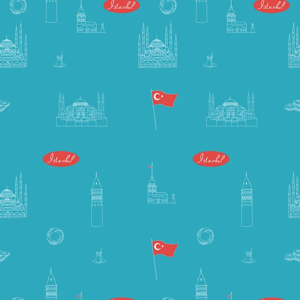 Turquesa verde azulado Estambul vector turístico patrón sin costuras. Monumentos de Estambul — Archivo Imágenes Vectoriales