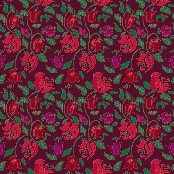 Red and green tulip and rose floral textile vector seamless pattern.