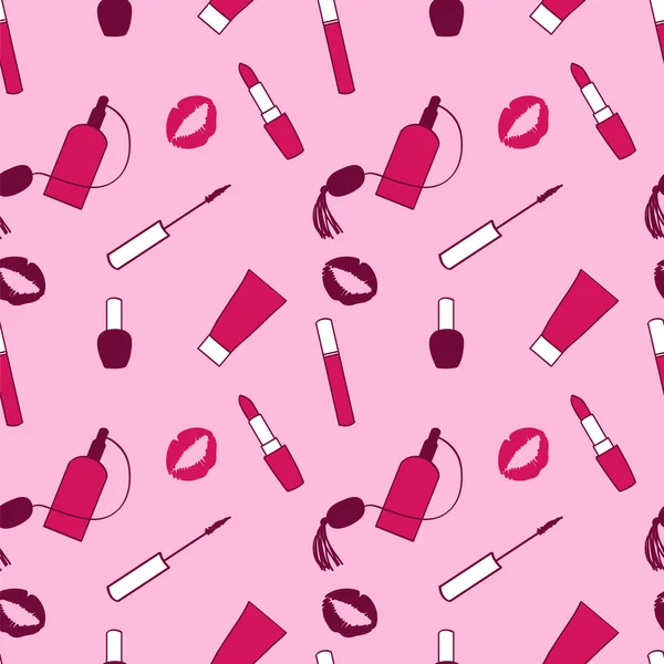 Rosa y púrpura maquillaje patrón de vectores sin costura para momen. Productos de belleza maquillaje — Vector de stock