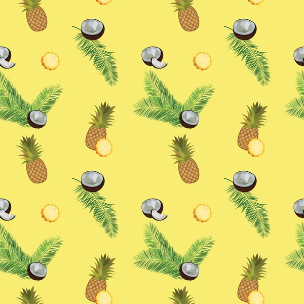 Gelber Vektor nahtloses Muster. Ananas, Kokosnuss, Palmblätter. — Stockvektor