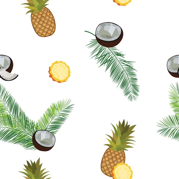 Белый векторный ананас бесшовный рисунок. Ананас, кокос, пальмовые листья . — стоковый вектор