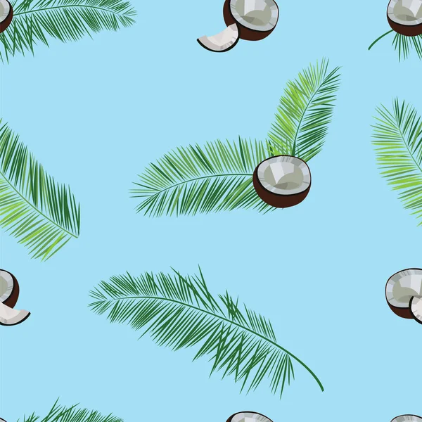 ココナッツ、青の背景にシュロの葉のシームレス パターン. — ストックベクタ