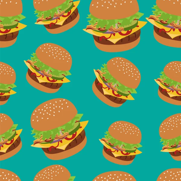 Pola vektor mulus dengan gambar burger. Latar belakang hijau cheeseburger . - Stok Vektor