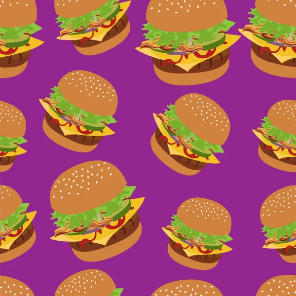 バーガーのイメージとシームレスなベクトル パターン。チーズバーガー紫背景. — ストックベクタ