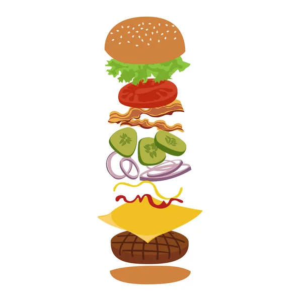 Burger and ingredients  isolated vector infographics illustration. — Stock Vector