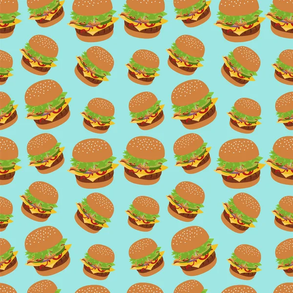 Padrão vetorial sem emenda com imagem de hambúrguer. Cheeseburger fundo azul . — Vetor de Stock