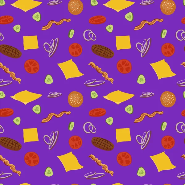 Burgers et ingrédients pour cheeseburger motif sans couture sur fond violet . — Image vectorielle