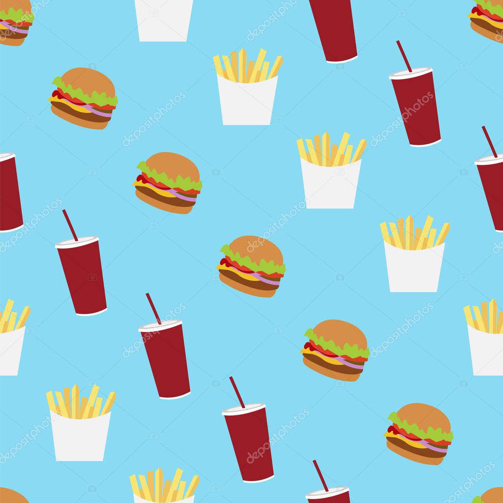 Fast food seamless vector pattern. Flat style fast food icons background. Pattern with french fry, burger, ice cream and soda fast food on blue background.