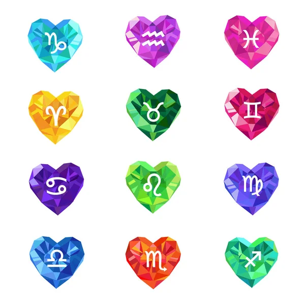 Set of crystal jewel heart shaped astrological zodiac signs symbols. — Stock Vector