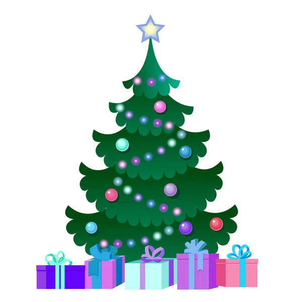 Ilustração com árvore de Natal e caixas de presente . — Vetor de Stock